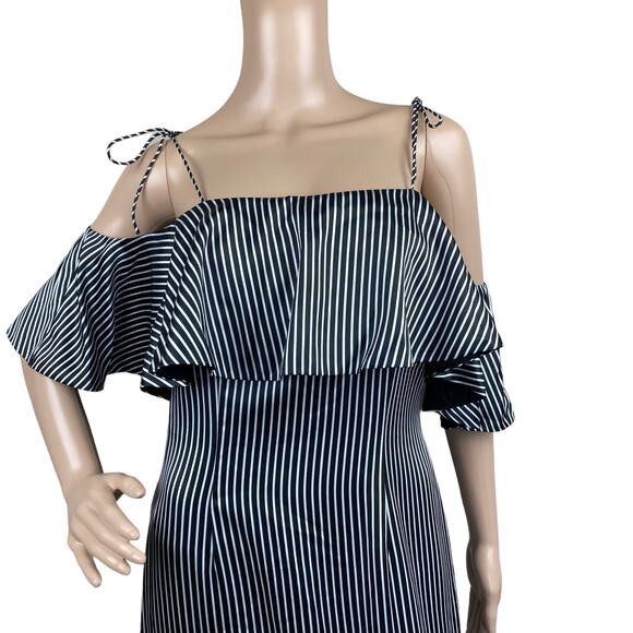Amur Francesca Women Black White Satin Stripes Cold Shoulder Ruffle Dress Sz 6 - Picture 4 of 8